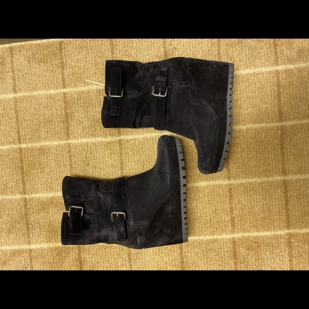 Prada black suede wedge boots w buckle